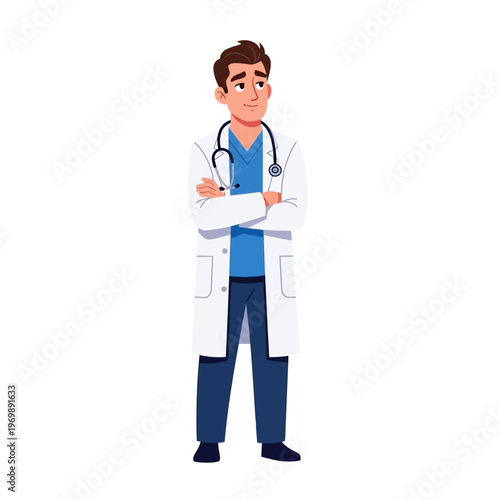 Confident Male Doctor in Lab Coat with Stethoscope, Standing Arms Crossed, Healthcare Professional