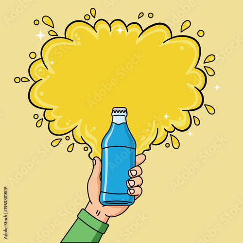 Hand Holding Soda Bottle with Splash Burst Cartoon Vector Illustration