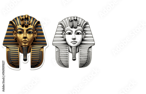Ancient King Tutankhamun Mask Silhouette Sticker, Artifact Realism Stencil Vector, Hand Etched Pharaonic Museum Specimen
