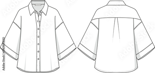 Technical Fashion Flat Sketch: Oversized Button-Down Shirt with Kimono Sleeves - Modern Apparel Design for Catalogs, Style Guides, and Garment Manufacturing Blueprints