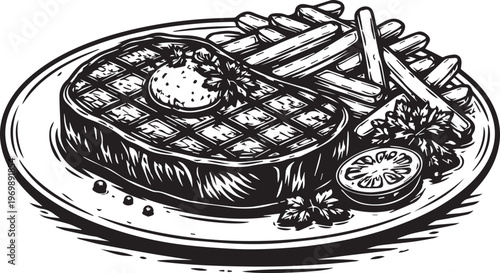 Grilled Steak with French Fries Vintage Engraving Vector Illustration