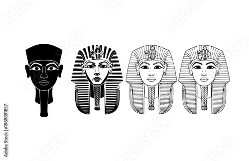 Ancient King Tutankhamun Mask Silhouette Sticker, Artifact Realism Stencil Vector, Hand Etched Pharaonic Museum Specimen