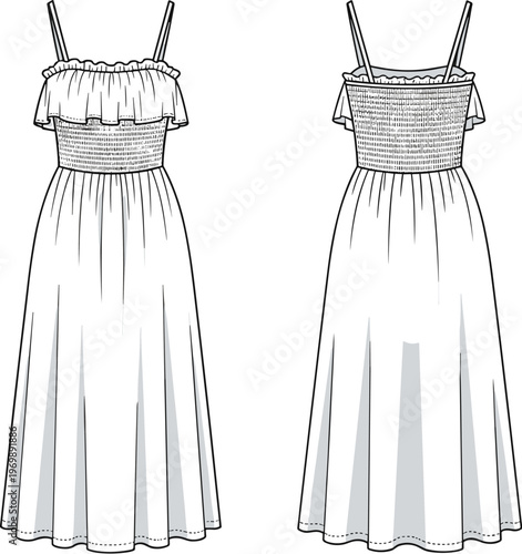 Fashionable Summer Dress Technical Drawing: Stylish Maxi Dress with Ruffled Top and Smocked Bodice, Ideal for Fashion Design and Pattern Making Projects, Front and Back Views