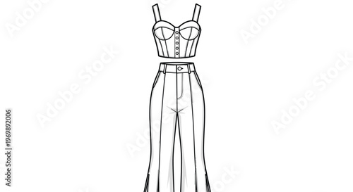 Fashionable Women's Outfit Illustration: Modern Bustier Top and High-Waisted Trousers for Fashion Design and Style Guides, a Chic and Trendy Line Art