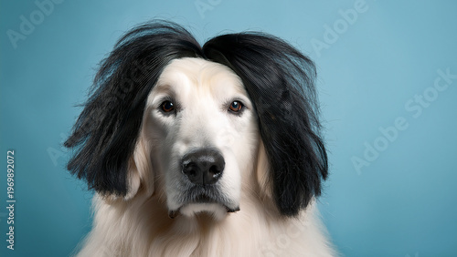 Funny and adorable portrait of a large white fluffy dog wearing a messy black bob hair wig, calm expression, vibrant blue background.