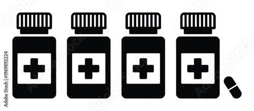 Four Pill Bottles with Cross Symbols and One Pill