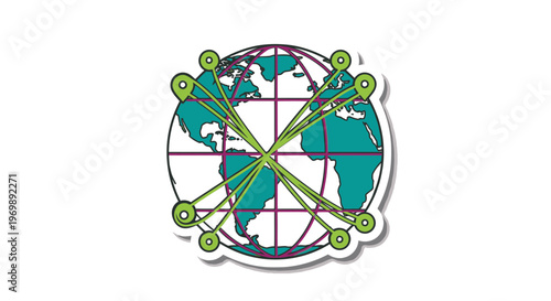Bold Sticker Icon Abstract Globe with Multiple Shipping Routes in Contrasting Hues. transparent.