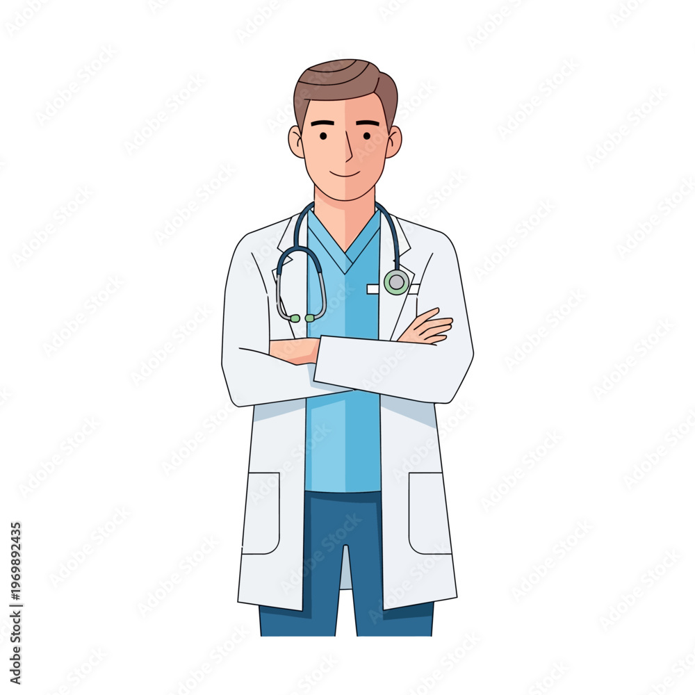 Fototapeta premium Friendly Cartoon Doctor Wearing Lab Coat and Stethoscope with Arms Crossed