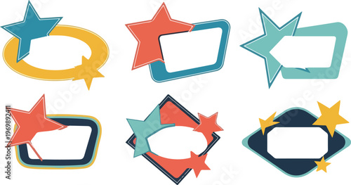 Collection of six mid century modern starburst frames with vibrant colors and geometric shapes for vintage graphic design.