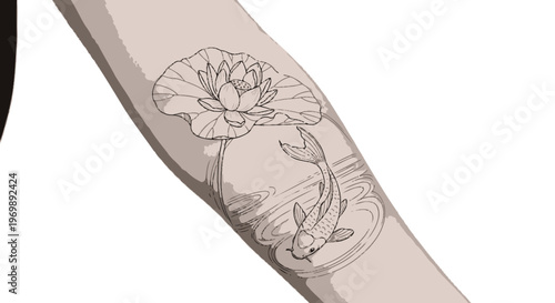 Koi Fish and Lotus Flower Tattoo Design Outline on Arm
