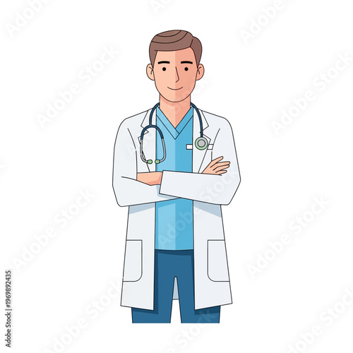 Friendly Cartoon Doctor Wearing Lab Coat and Stethoscope with Arms Crossed