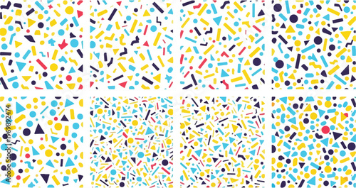 Colorful abstract confetti explosion background with shapes and patterns on transparent grid.