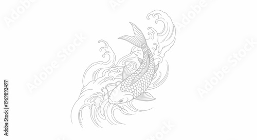 Japanese Koi Fish Swimming Through Waves Tattoo Design Line Art