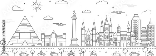 Minimalist world landmarks skyline vector, thin line art city panorama with pyramid and cathedral, global travel and tourism concept illustration