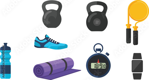 Fitness equipment and accessories for workout, weights, shoes, yoga mat, water bottle, stopwatch.