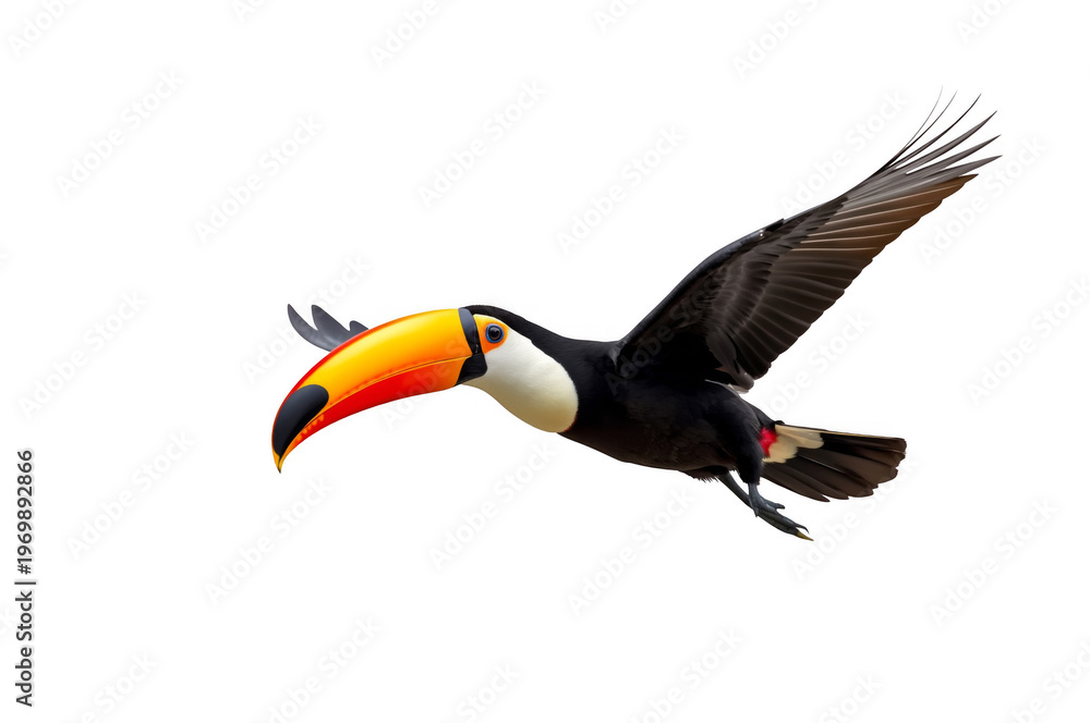 Fototapeta premium Toucan bird flying with colorful beak isolated