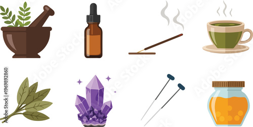 Holistic healing vector illustration set: mortar pestle herbs, essential oil, incense, tea, sage leaves, amethyst crystal, tweezers, honey jar.