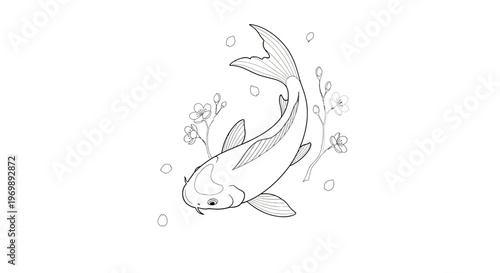 Delicate Koi Fish and Cherry Blossoms Outline Drawing
