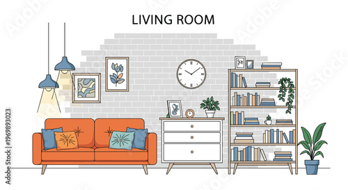 Modern home interior design for a living room with an orange sofa, white dresser, large bookshelf, and stylish wall decor.