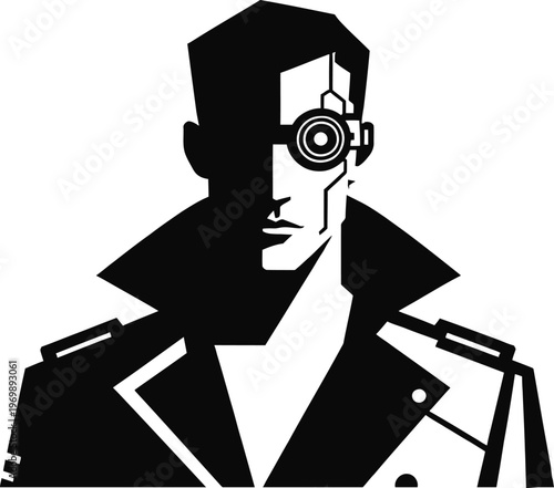 Cyberpunk Futuristic Male Silhouette with Cybernetic Eye and Trench Coat
