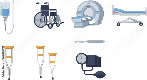 Medical equipment and devices for patient care and hospital treatment including MRI scanner wheelchair hospital bed IV drip and crutches.