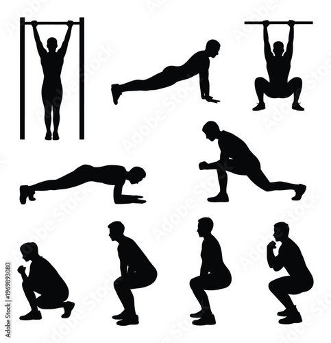 Silhouettes of men performing various exercises