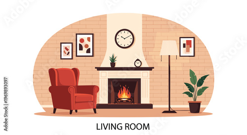 Cozy interior design of a living room featuring a warm fireplace, a red armchair, wall clock, and decorative houseplants.
