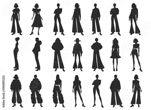 Set of Woman Silhouettes in Different Standing Poses Vector Collection