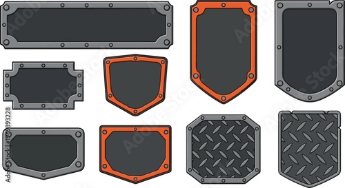 Metal frames and borders with rivets for signs badges shields and banners industrial style heavy duty design elements for gaming or security applications.
