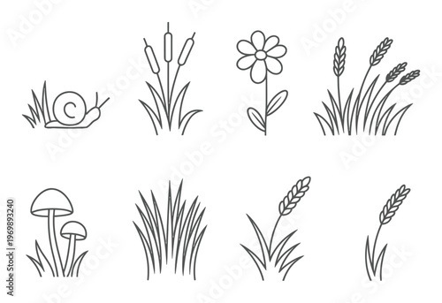 Simple Line of Nature Snail, Cattails, Flower, Wheat, Mushrooms, Grass