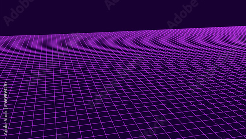 Vector horizon lines. Perspective depth shapes dimension. Grid frameworks. 3D space emerges geometrically.