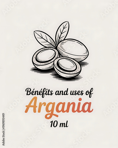 An illustration of argania seeds and leaves with text about benefits