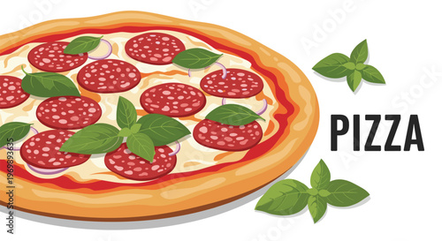 Delicious italian pizza topped with rounds of salami, red onion, melted cheese, and fresh green basil leaves.