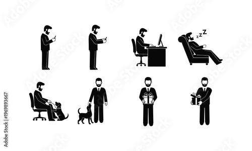 Business man daily routine activities and pet care silhouette illustration icon collection.