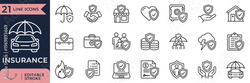 Insurance protection policy safety coverage finance outline icon set
