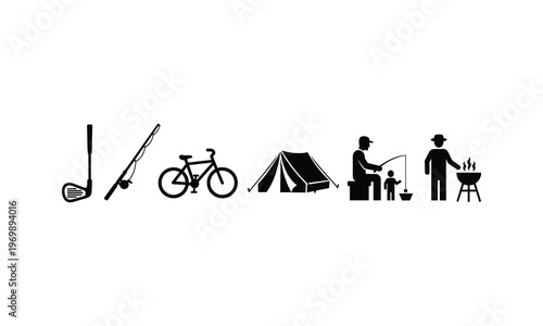 Leisure activities for men featuring golf fishing and camping vector silhouette illustration.