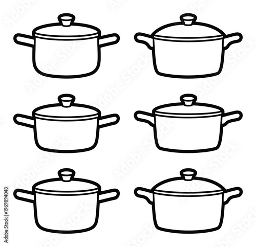 Six simple line of cooking pots with lids and handles