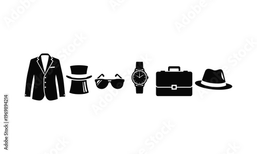 Set of men's fashion and business items, a silhouette vector illustration of accessories.