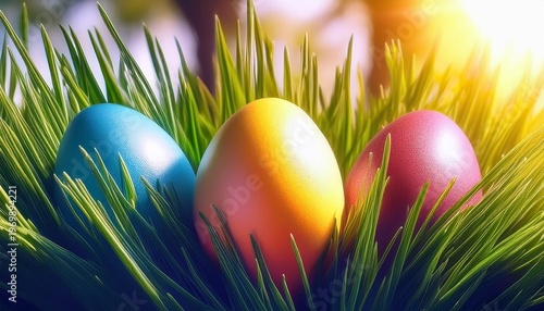Three colorful Easter eggs lie in the grass. Gifts from the Rabbit. Surprises.