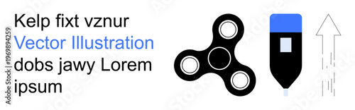 Product design, creativity, education, innovation, movement, online content. Minimal graphic a fidget spinner, pen and arrow with placeholder text. Creativity and movement concepts