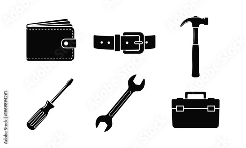 Set of tools and everyday items, a silhouette vector illustration of various objects.