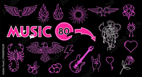 Retro 80s music vector elements, neon pink rock and roll icons on black background, vintage heavy metal patches and punk subculture symbols
