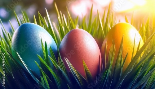 Three colorful Easter eggs lie in the grass. Gifts from the Rabbit. Surprises.