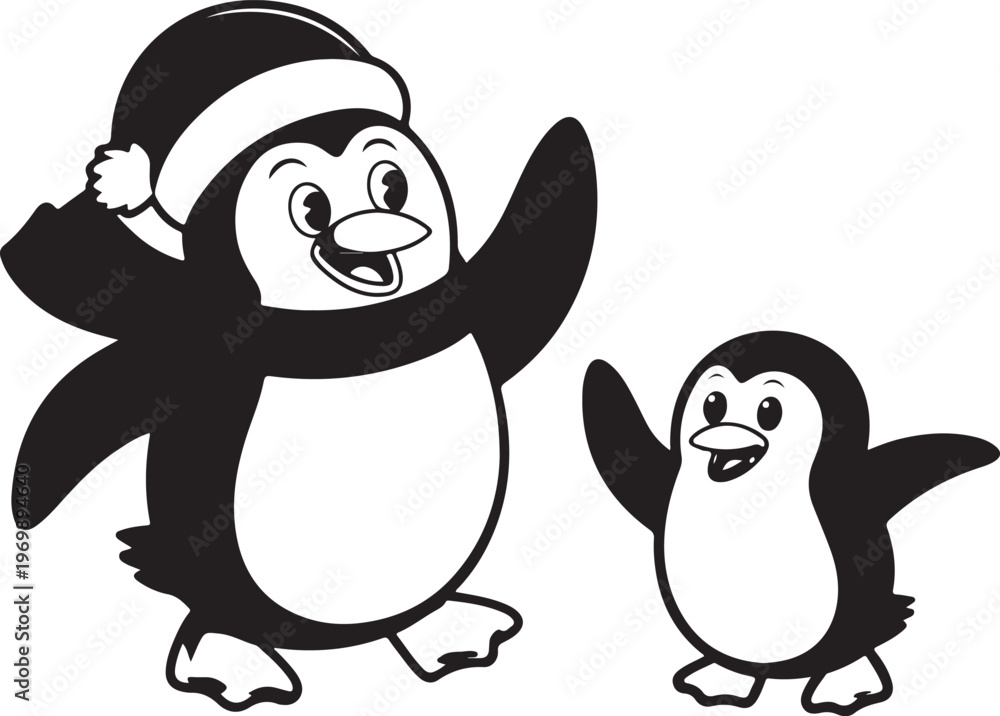 Fototapeta premium A cheerful adult penguin wearing a Santa hat waves alongside a small happy baby penguin