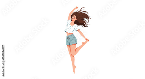 Happy woman in a white shirt and blue shorts jumping high in the air with a sense of freedom and excitement.