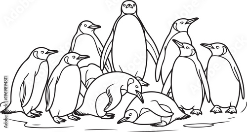 A large group of emperor penguins standing and lying on ice in a simple outline drawing