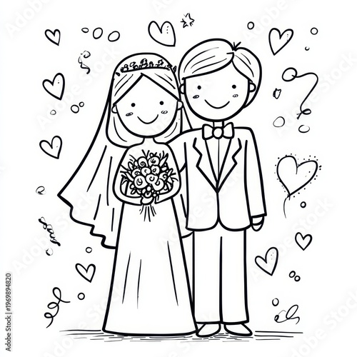 Cartoon bride and groom coloring page for a wedding themed coloring book, friendly expressions and simple outlines