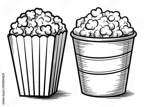 Two Buckets of Popcorn, One Striped and One Smooth, Isolated on White