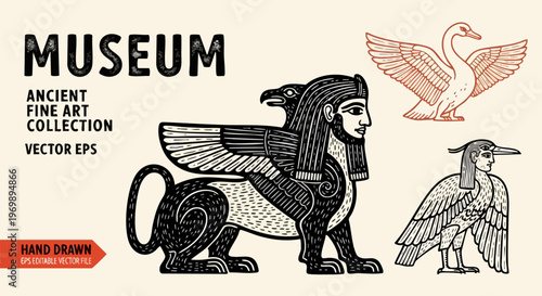 Ancient Museum Fine Art Collection, Hand Drawn Mythological Creatures and Birds, Vintage Egyptian and Mesopotamian Style Vector Illustrations