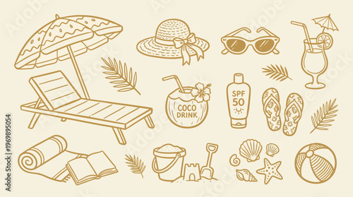 Beach Vacation Essentials Collection Isolated on Cream Background